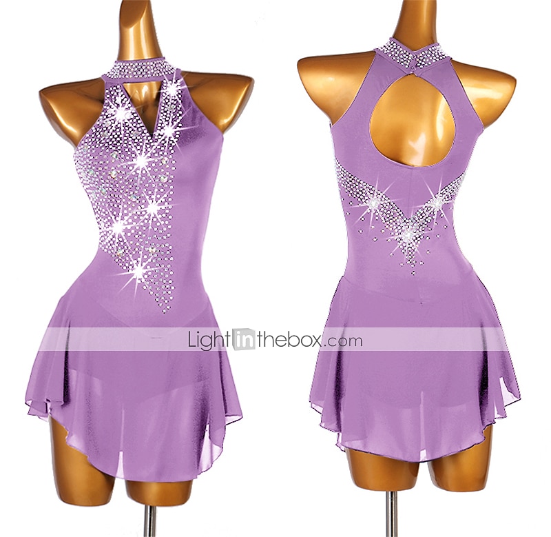 Robe de Patinage Artistique Femme Fille Patinage Robes Violet claire Rose clair Jaune Dos ouvert Maille Spandex Haute élasticité Compétition Tenue de Patinage Fait à la main Cristal / Stras Sans de 2026 ? $106.99 –P12