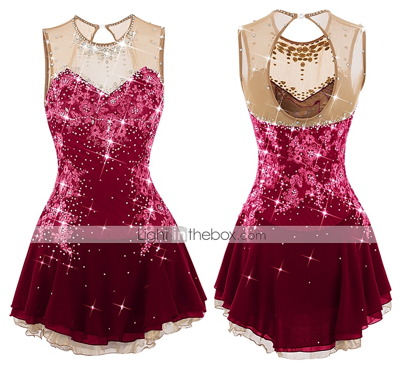 Figure Skating Dress Women's Girls' Ice Skating Dress Dark red White Pink Flower Open Back Mesh Spandex Practice Competition Skating Wear Jeweled Rhinestone Sleeveless Ice Skating Figure Skating 2026 - $177.99 –P12