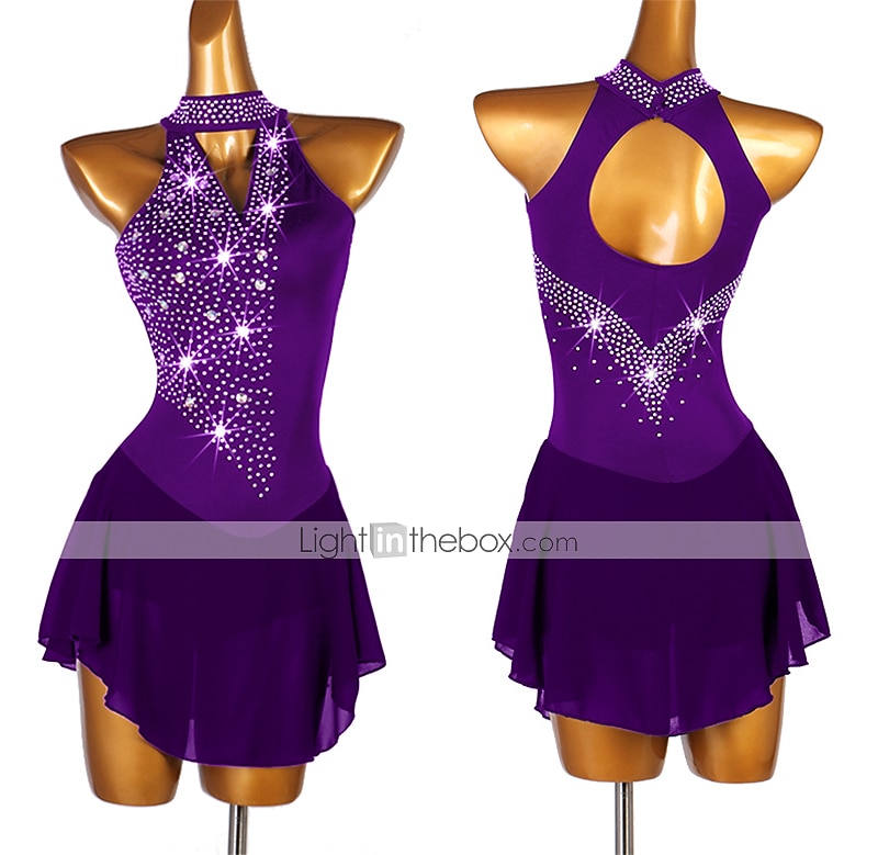 Robe de Patinage Artistique Femme Fille Patinage Robes Violet claire Rose clair Jaune Dos ouvert Maille Spandex Haute élasticité Compétition Tenue de Patinage Fait à la main Cristal / Stras Sans de 2026 ? $106.99 –P13