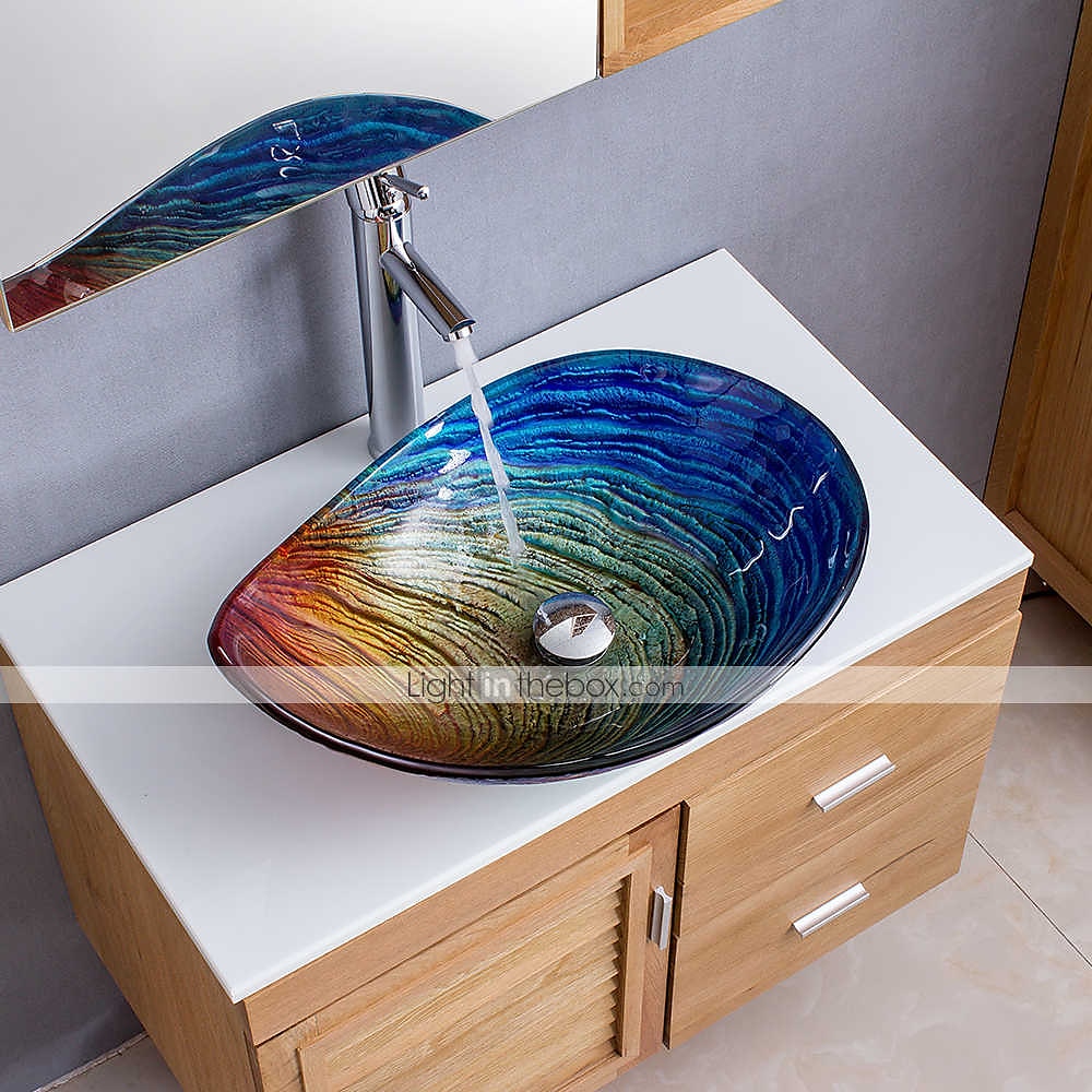 lavabo da bagno rettangolare 21 "x15", miscelatore lavabo e scarico combinato con scarico a scomparsa, lavabo artistico in vetro temperato colorato a forma di barca, lavabo da appoggio sopra lavabo lavabo artistico del 2025 a $372.59 –P2
