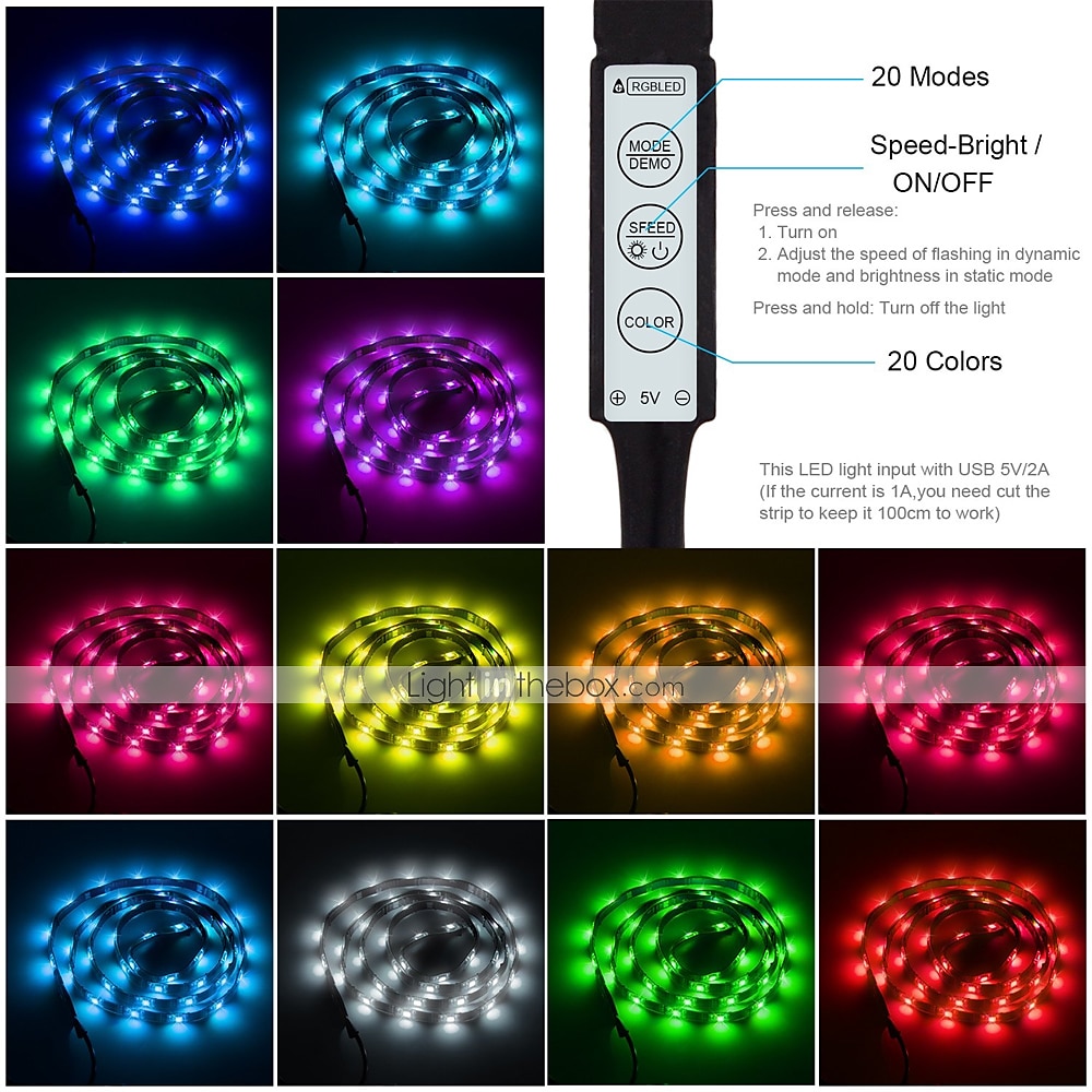 2025年 防水 USB LED ストリップ ライト RGB カラー変更 3.28-15 フィート 電池式 LED ストリップ ライト フレキシブル 電池式 LED ライト 3 つのキー付き IR コントローラー 寝室 デスク ホームルーム テレビ キャンプ DIY 装飾用  コレクション – $8.99 –P2