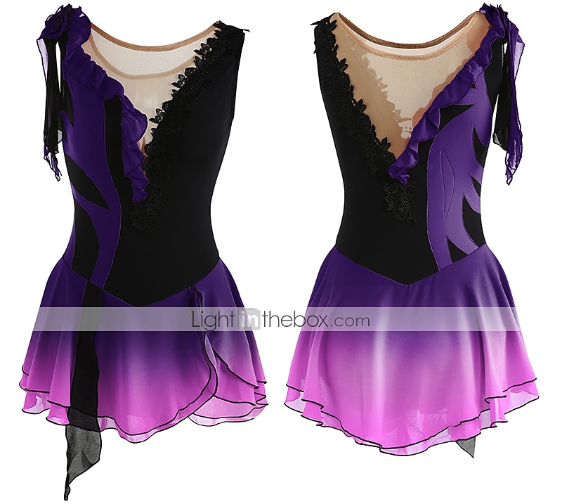 Eiskunstlaufkleid Damen Mädchen Eislaufen Kleider Austattungen Yan-pink Violett Wie im Bild Patchwork Asymmetrischer Saum Gitter Spandex Hochelastisch Praxis Professionell Wettbewerb 2025 - $116.99 –P14