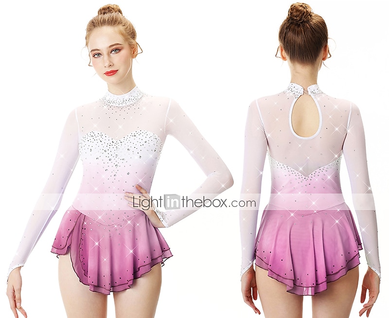 Figure Skating Dress Women's Girls' Ice Skating Dress Outfits Yan pink Golden yellow Violet Halo Dyeing Spandex Stretch Yarn Lace High Elasticity Professional Competition Skating Wear Handmade Fashion 2026 - $141.99 –P19