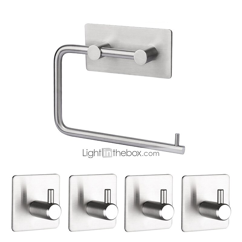 il set di accessori per il bagno in acciaio inossidabile include portarotolo multifunzione e ganci per accappatoio 4 pezzi nero opaco senza punzonatura e argento spazzolato con adesivo a forte del 2025 a $36.99 –P2