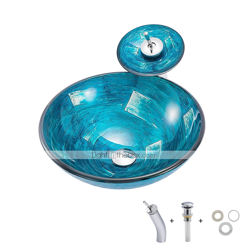 Minimalist Mediterranean Wind Round Basin Tempered Glass Wash Basin With Waterfall Faucet Basin Support Drainer 2025 - $315.89 –P2
