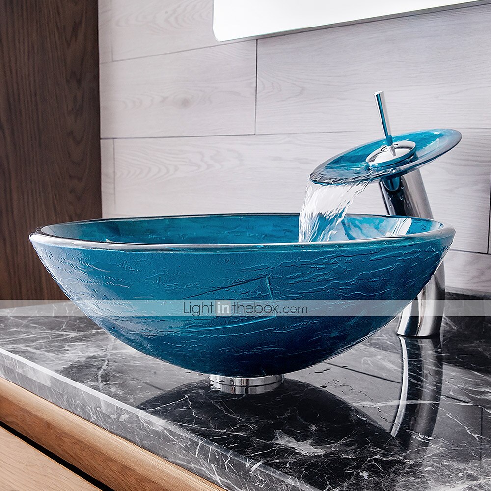 Minimalist Mediterranean Wind Round Basin Tempered Glass Wash Basin With Waterfall Faucet Basin Support Drainer 2025 - $315.89 –P8