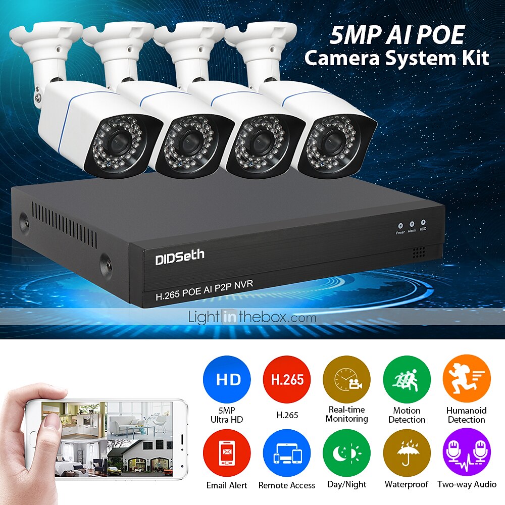 Plug and Play Remote Viewing APP DIDSeth 4CH PoE NVR Kit Video Surveillance System 4 x 720P Wired Outdoor P2P IP Camera 