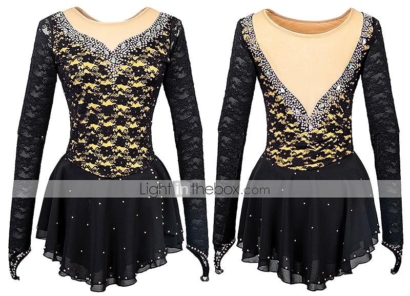 Figure Skating Dress Women's Girls' Ice Skating Dress Outfits Yellow & Yellow Black Dark Red Open Back Mesh Spandex High Elasticity Training Practice Competition Skating Wear Solid Colored Classic 2026 - $134.99 –P13