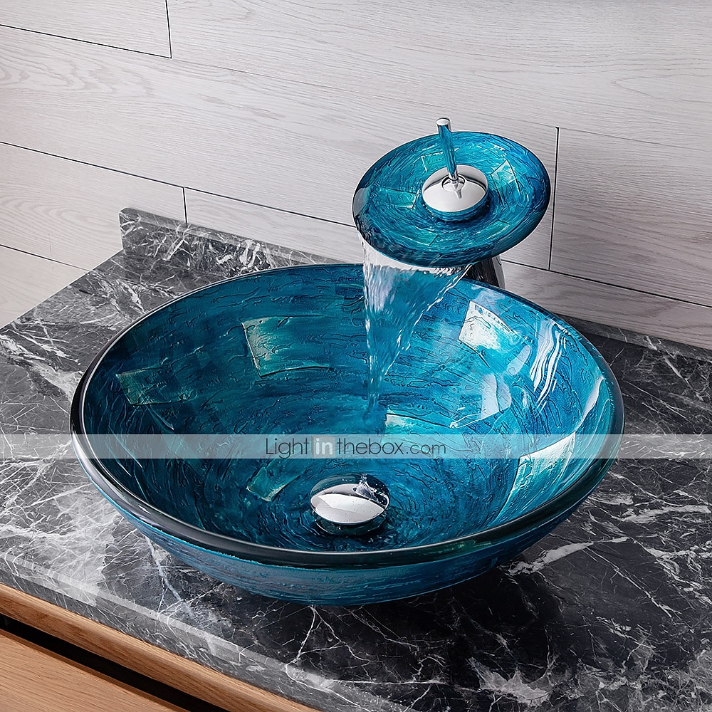 Minimalist Mediterranean Wind Round Basin Tempered Glass Wash Basin With Waterfall Faucet Basin Support Drainer 2025 - $315.89 –P7
