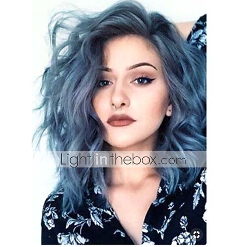 2026年 人工毛ウィッグ カーリー 非対称 機械製ウィッグ ミディアム グレー オンブル ブルー 人工毛 16 インチ 女性用 混合色 / 婚約パーティー / ブライダル シャワー / ハネムーン クリスマス パーティー用ウィッグ  コレクション – $24.99 –P2