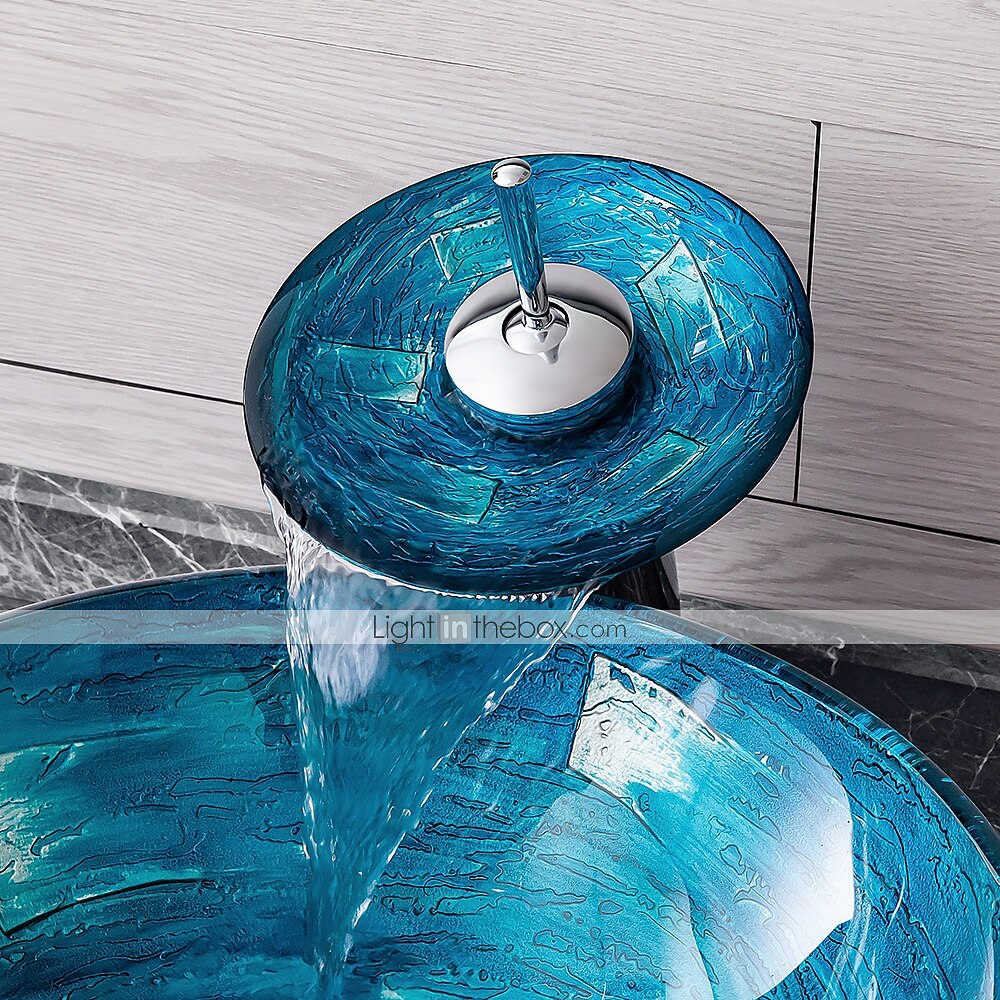Minimalist Mediterranean Wind Round Basin Tempered Glass Wash Basin With Waterfall Faucet Basin Support Drainer 2025 - $315.89 –P9