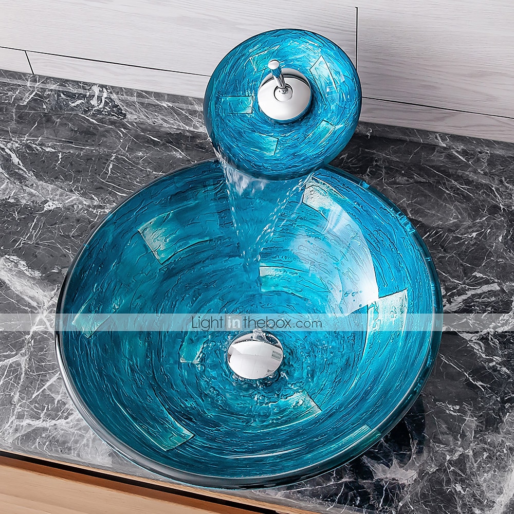 Minimalist Mediterranean Wind Round Basin Tempered Glass Wash Basin With Waterfall Faucet Basin Support Drainer 2025 - $315.89 –P6