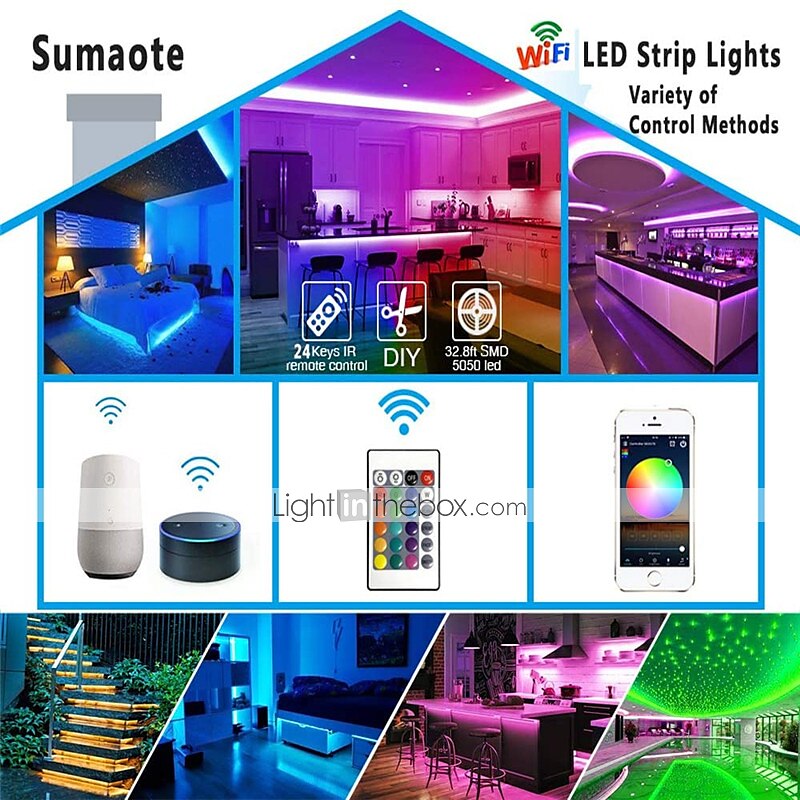 Смарт-светодиодная лента 10 м 32,8 фута rgb smd 2835 600leds работает с подсветкой alexa google tv с пультом дистанционного управления с 24 клавишами 2025 - $40.99 –P11