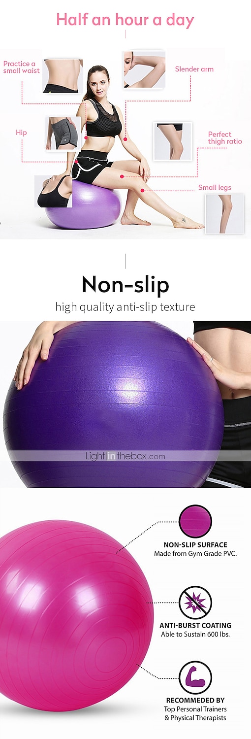 Workout 55-75cm with Quick Foot Pump XL（68-75cm） Purple Professional Grade Anti Burst & Slip Resistant Stability Balance for Yoga Fullgaden Exercise Ball