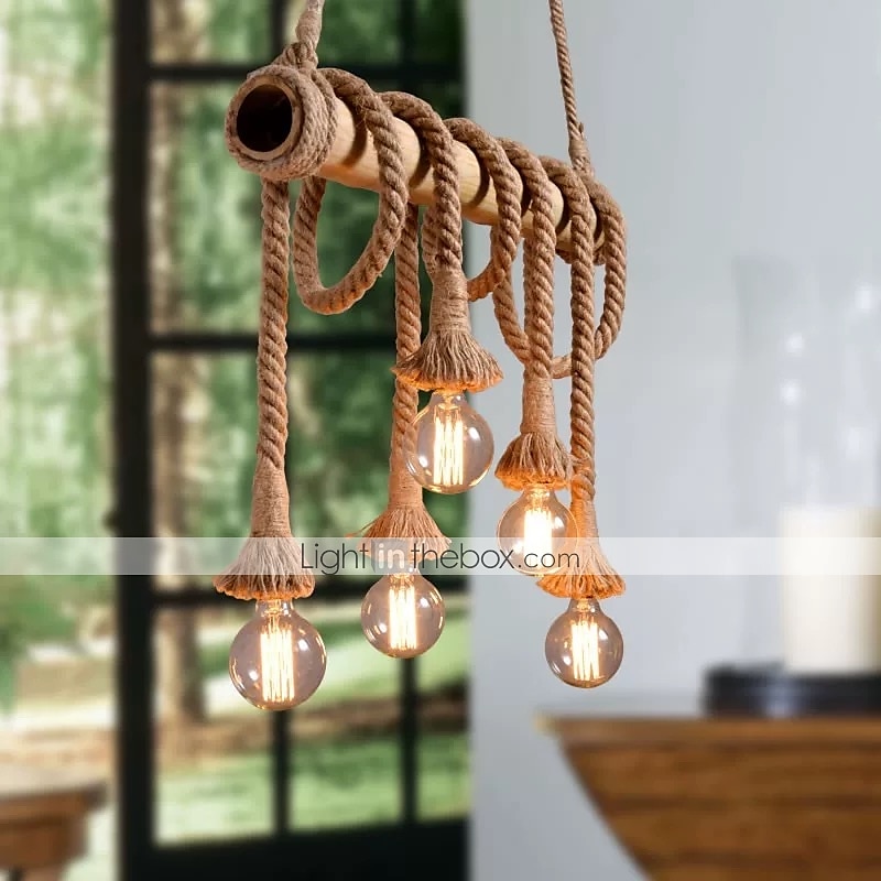 6 luces de 80 cm colgante de luz led diseño de grupo madera / bambú cadena de comedor campestre / cable ajustable 110-120v 220-240v 2026 - $160.99 –P6