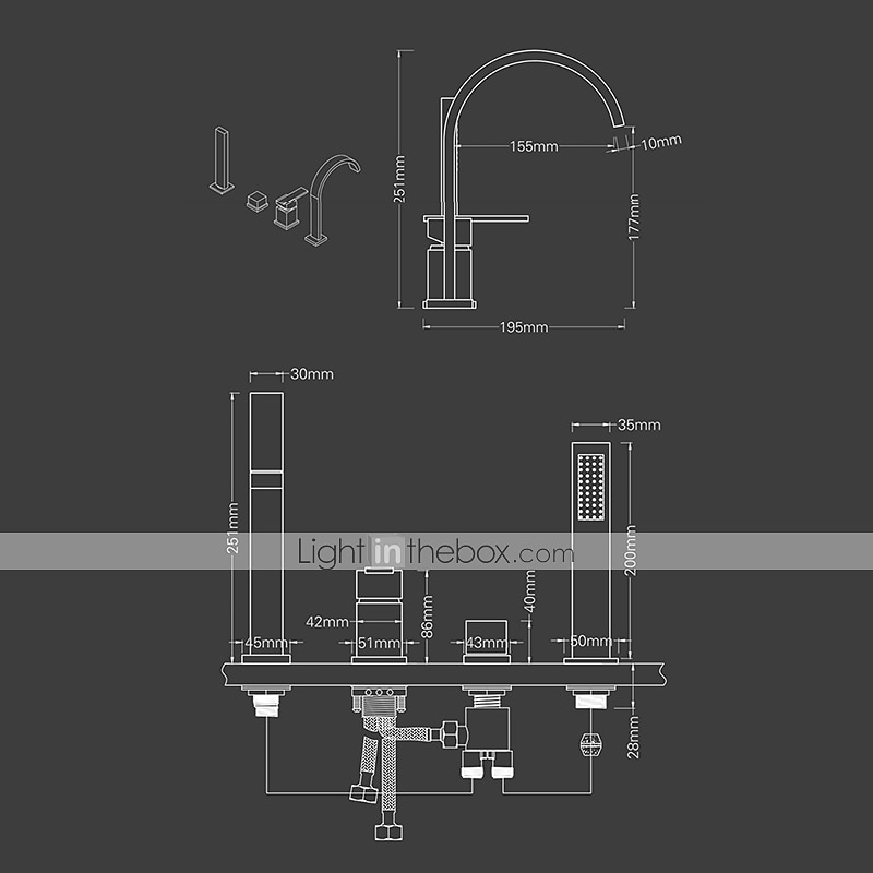 grifo de bañera montado en cubierta, grifo de baño generalizado bañera romana grifo mezclador de llenado de latón, rociador de ducha de 4 orificios y 2 manijas con manguera de agua fría y caliente 2025 - $234.89 –P1