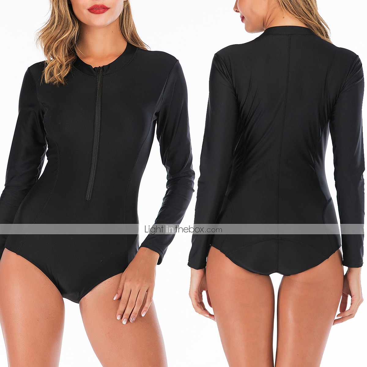 Dame Rash-guard One-Piece Badetøy UV Solbeskyttelse UPF50+ Pustende Langermet Kroppsdrakt Badedrakt Forside Glidelås Svømming Surfing Strand Vannsport Ensfarget Sommer / Elastisk / Hurtigtørkende 2025 - $21.59 –P1