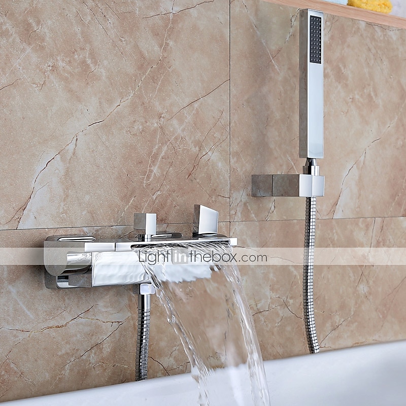 grifo de bañera de cascada montado en la pared, grifo mezclador de ducha de baño generalizado grifo mezclador de llenado de bañera romana de baño grifo mezclador de latón, rociador de 3 orificios con manguera de agua fría y caliente 2025 - $260.29 -P1