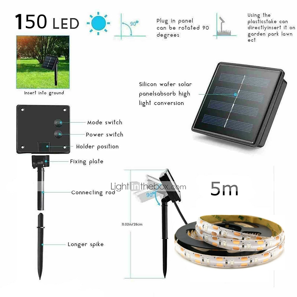 Outdoor Solar Led Strip Light Garden String Light 5M 16.4ft Waterproof Warm White RGB 2835SMD Christmas Terrace Balcony Stairs Pergola Decor 8mm 150 LEDs 2025 - $48.99 –P6
