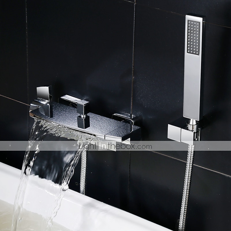 grifo de bañera de cascada montado en la pared, grifo mezclador de ducha de baño generalizado grifo mezclador de llenado de bañera romana de baño grifo mezclador de latón, rociador de 3 orificios con manguera de agua fría y caliente 2025 - $260.29 -P3