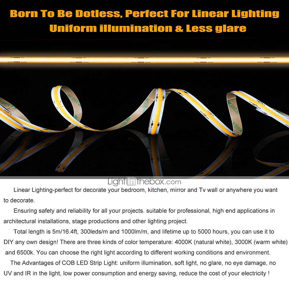 2026年 zdm 新しい無段階調光 16.4フィート 5m cob led ライトストリップ cri 80 60w led ロープライト 曲げられるバンドライト 高級照明に最適 dc12v dc24v  コレクション – $55.99 –P1
