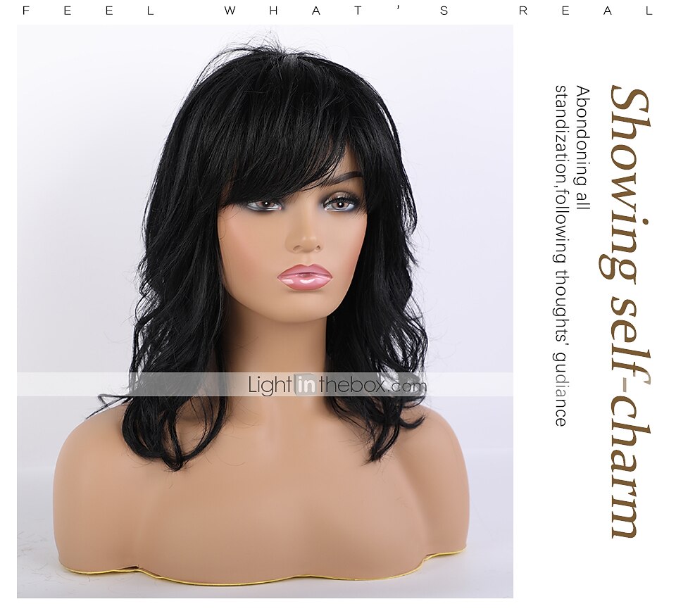 Remy Human Hair Wig Long Natural Wave Side Part Layered Haircut Asymmetrical With Bangs Black Women Fashion Natural Hairline Capless Women's All Natural Black #1B 16 inch 2026 - $112.99 –P3
