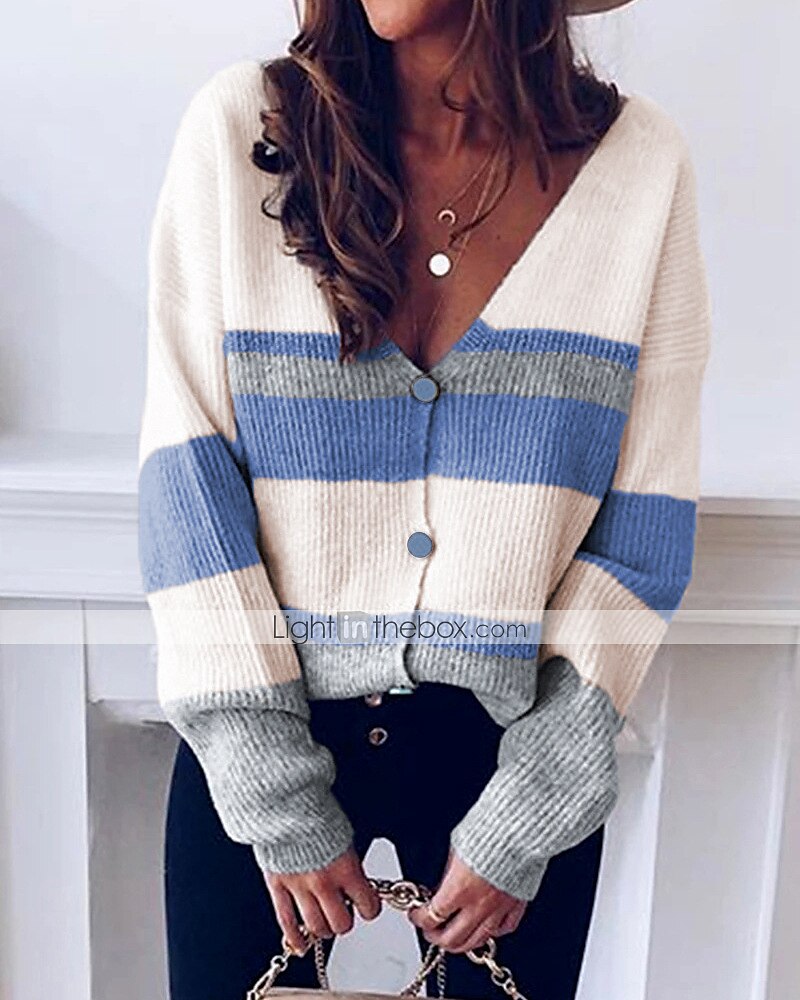 Women's Color Block Cardigan Long Sleeve Sweater Cardigans V Neck 
