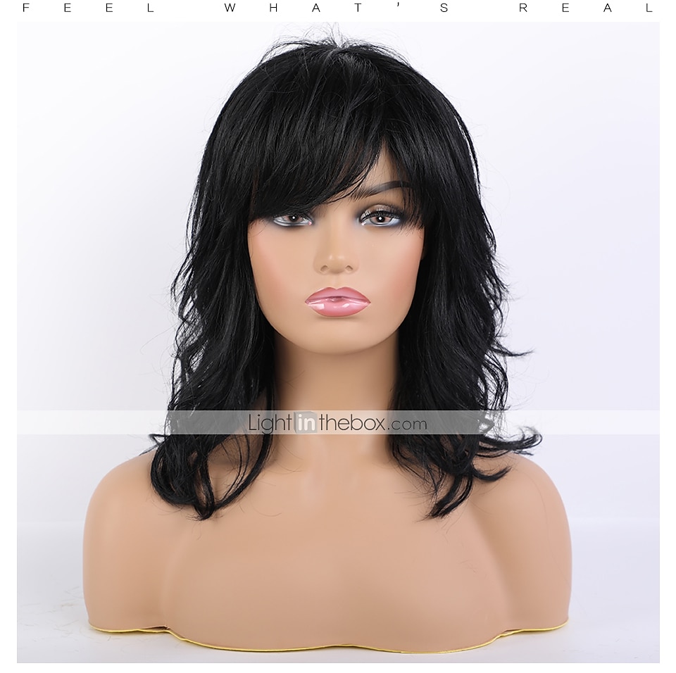Remy Human Hair Wig Long Natural Wave Side Part Layered Haircut Asymmetrical With Bangs Black Women Fashion Natural Hairline Capless Women's All Natural Black #1B 16 inch 2026 - $112.99 –P4