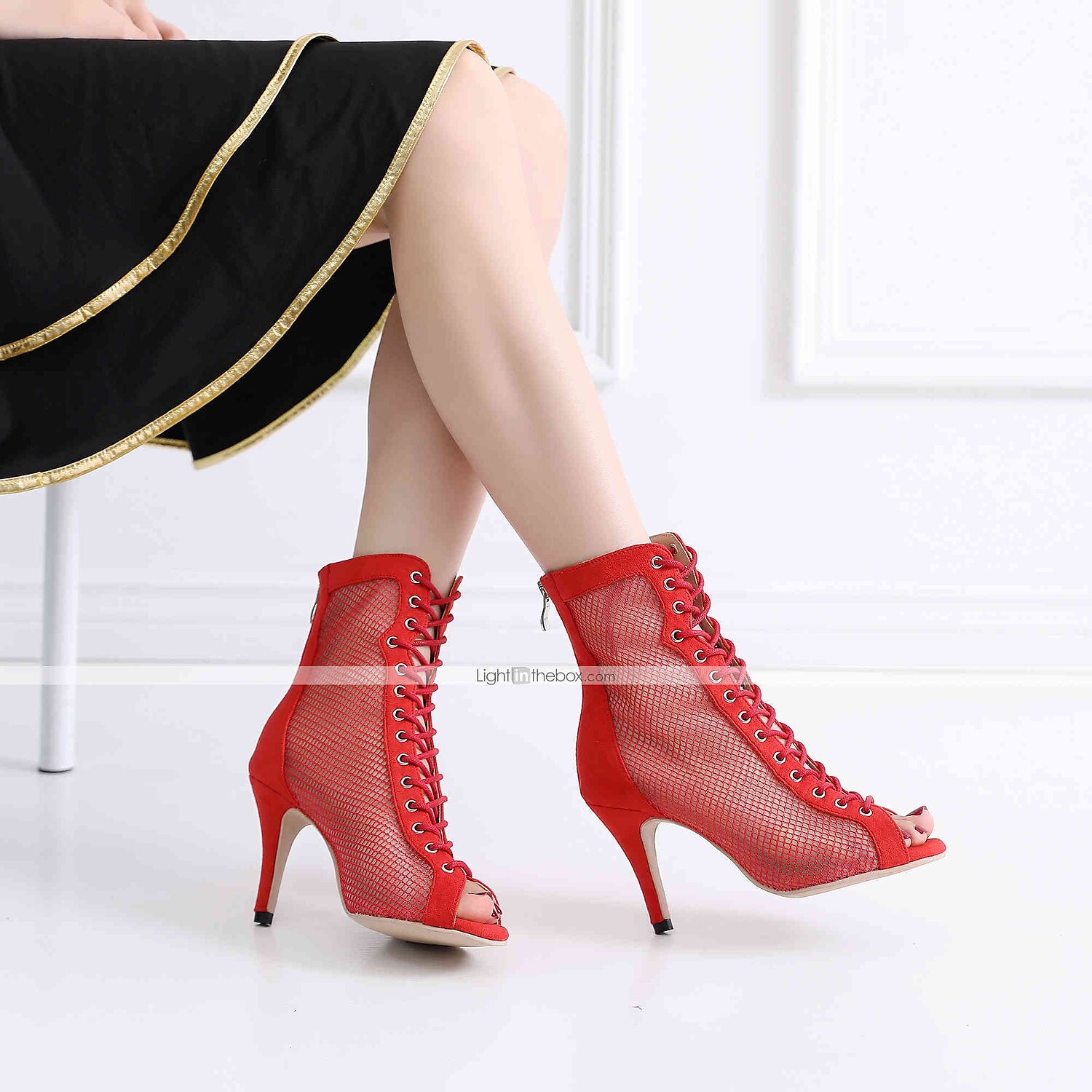 pantofi de dans cu șireturi din plasă neagră pentru femei, cu design cu vârf deschis - pantofi de performanță eleganti cu toc înalt pentru salsa, tango și dans latino 2025 - $64.99 –P4