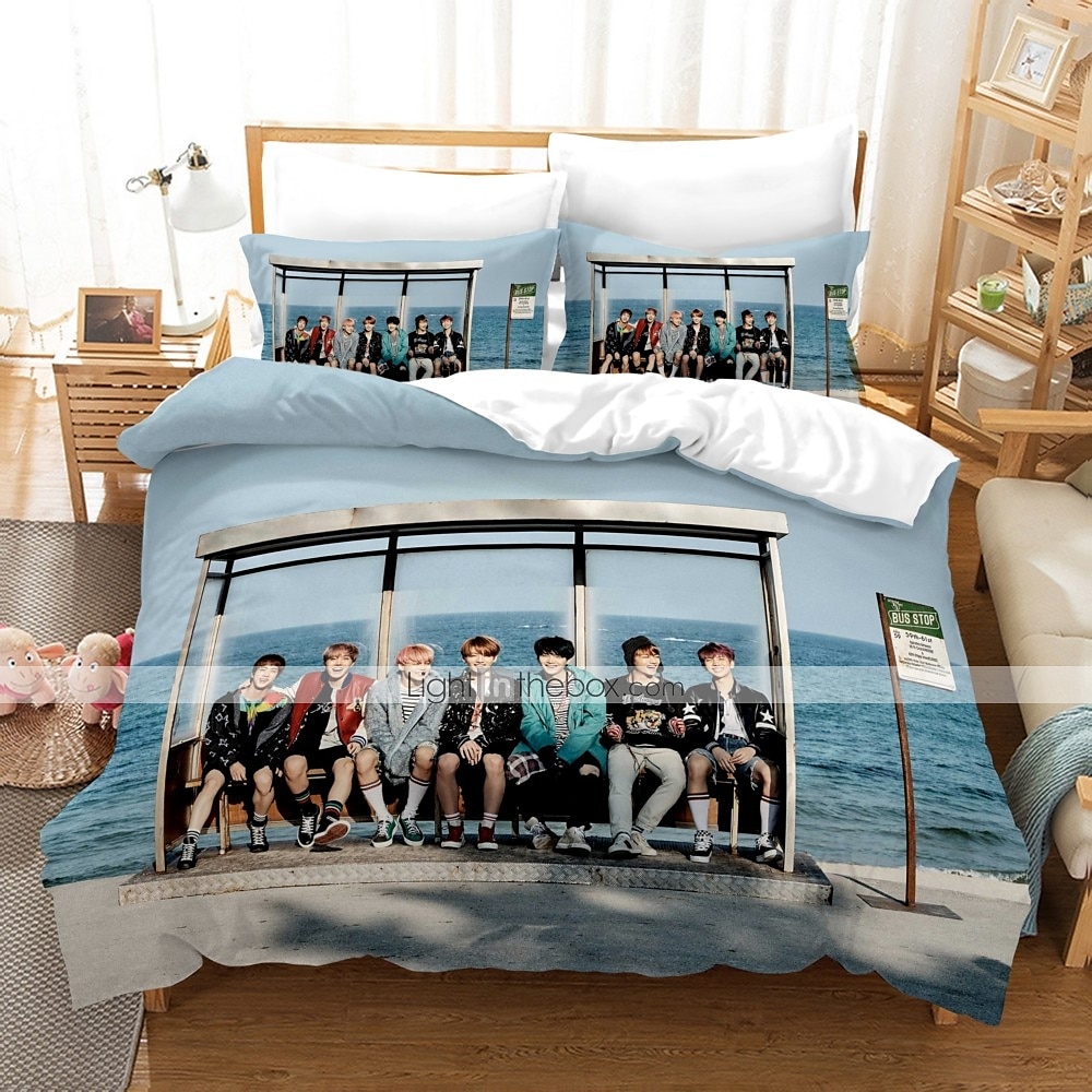 BTS Bedding Sets 3D Bed Set 3Pcs Duvet Cover Full Size Bedroom Decor for Boys Girls Adult Kpop Gift 1 Quilt Cover 2 Pillowcases No Comforter 