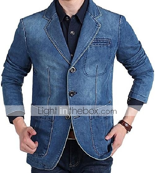 kavaj jeansjacka herr jeanjacka sportjacka sportjacka gå ut button down krage ledig daglig jacka ytterkläder enfärgad ljusblå marinblå/bomull/bomull 2025 - $60.99 –P2