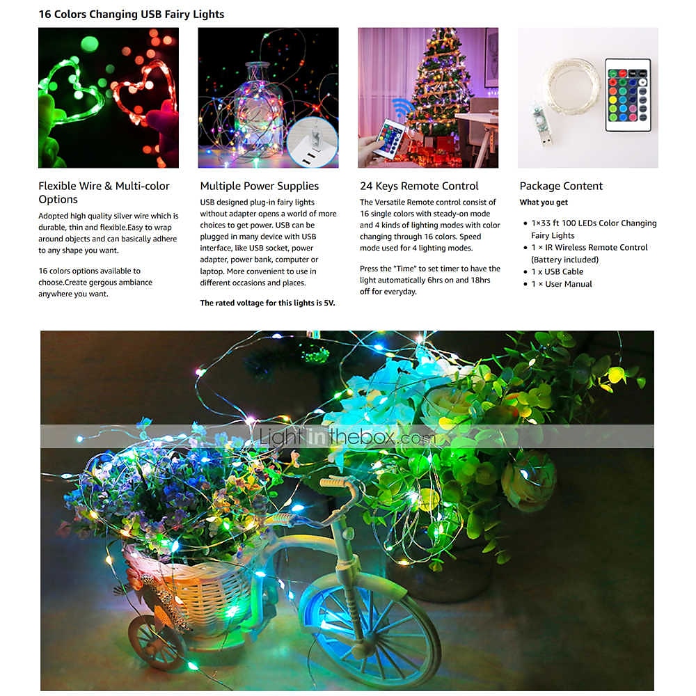 2025年 フェアリーライト100 LED 33フィートクリスマスライトUSBプラグ16色の変更シルバーワイヤーホタルライトir24キーリモコン付き屋内パーティーハロウィンクリスマス コレクション – $17.49 –P3