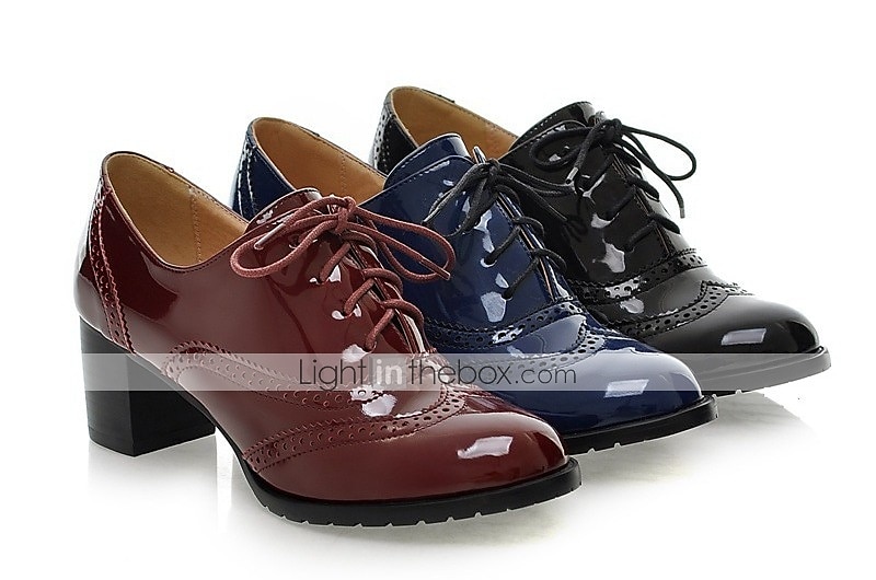 Women's Navy Blue Patent Leather Oxford Shoes – Chunky Heel Brogue Lace-Up Dress Shoes for Office, Vintage Style & Formal Occasions 2025 - $54.99 –P1
