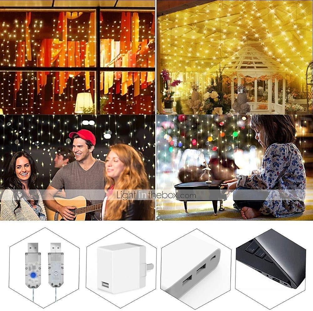 nuntă elegantă petrecere de recepție 3mx3m 3mx2m usb led cortină șir lumini cu telecomandă lumini cu zâne Anul Nou Crăciun Ziua Îndrăgostiților nuntă în aer liber decorarea casei 2025 - $16.99 –P7