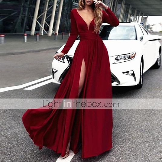 Robe de soirée A-Line robe empire noire invité de mariage longueur de sol manches longues col en V chiffon dos en V avec fente robe de masquerade couleur pure pour impressionner 2025 de 2025 ? $161.99 –P2