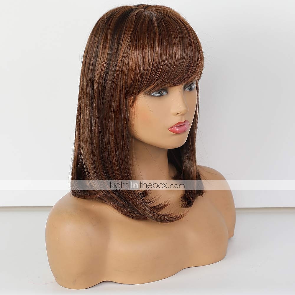 Human Hair Blend Wig Medium Length Natural Straight With Bangs Brown Women Fashion Adorable Capless Women's Dark Auburn#33 2025 - $117.99 –P2