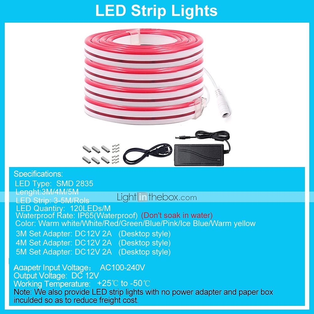 3~5m 9.8~16.4ft Multicolor Flexible Neon LED Strip Rope Lights 120 LEDs / Meter 2835 SMD IP65 Waterproof Flexible with DC12V Power adapter for Outdoor Party Home Decoration 2025 - $32.99 –P1