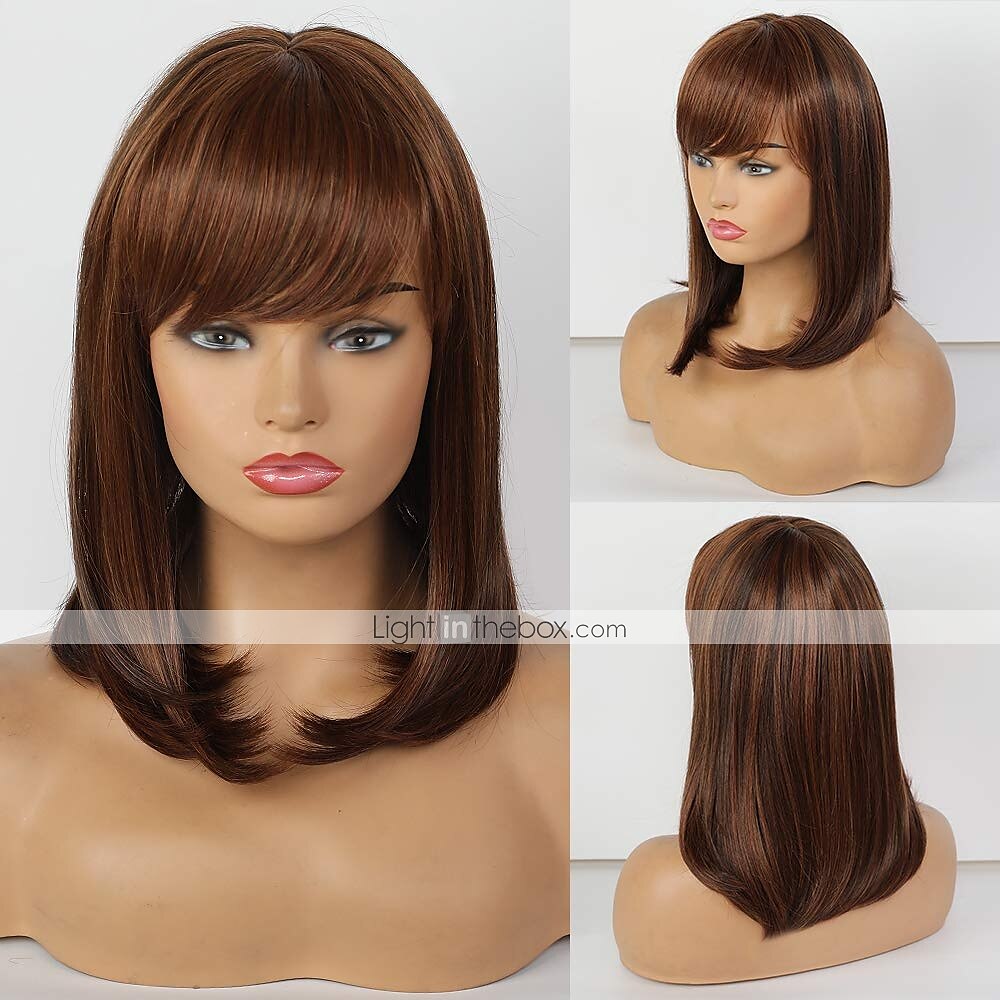 Human Hair Blend Wig Medium Length Natural Straight With Bangs Brown Women Fashion Adorable Capless Women's Dark Auburn#33 2025 - $117.99 –P1