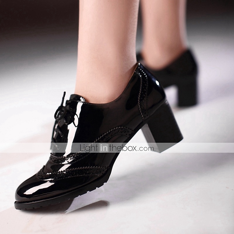 Women's Navy Blue Patent Leather Oxford Shoes – Chunky Heel Brogue Lace-Up Dress Shoes for Office, Vintage Style & Formal Occasions 2025 - $54.99 –P5