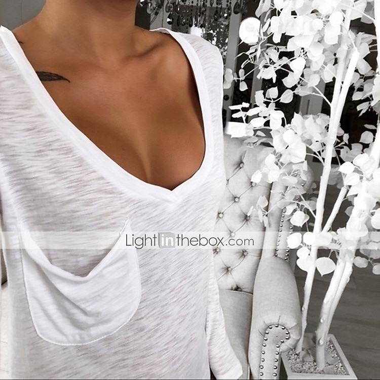 Damen T Shirt Tunika Schwarz Weiß Rosa Einfarbig Tasche Langarm Casual Täglich Basic V Ausschnitt Standard Lockere Passform S 2025 - $19.99 –P4