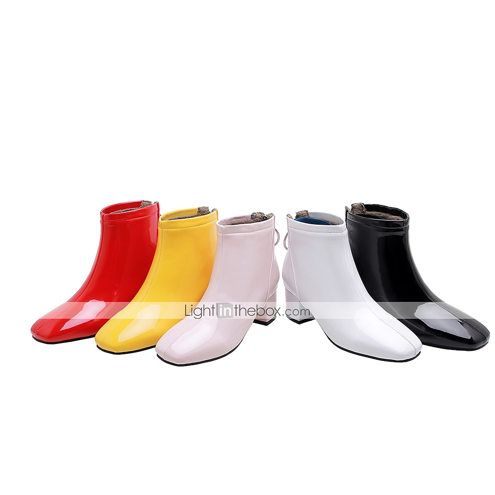 Botas femininas de couro envernizado amarelo com salto grosso e forro de lã, botas curtas da moda brilhantes para uso casual, festas e saídas à noite de 2025 por $46.99 –P8