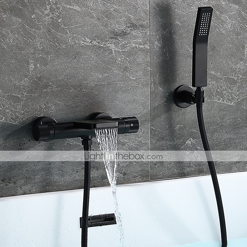 Free Standing Bathtub Faucet Thermostatic Black Painted Finishes Rotatable Shower Seat Waterfall and Spray Mode Bath Shower Mixer Taps with Hot and Cold Water 2025 - $323.99 –P4