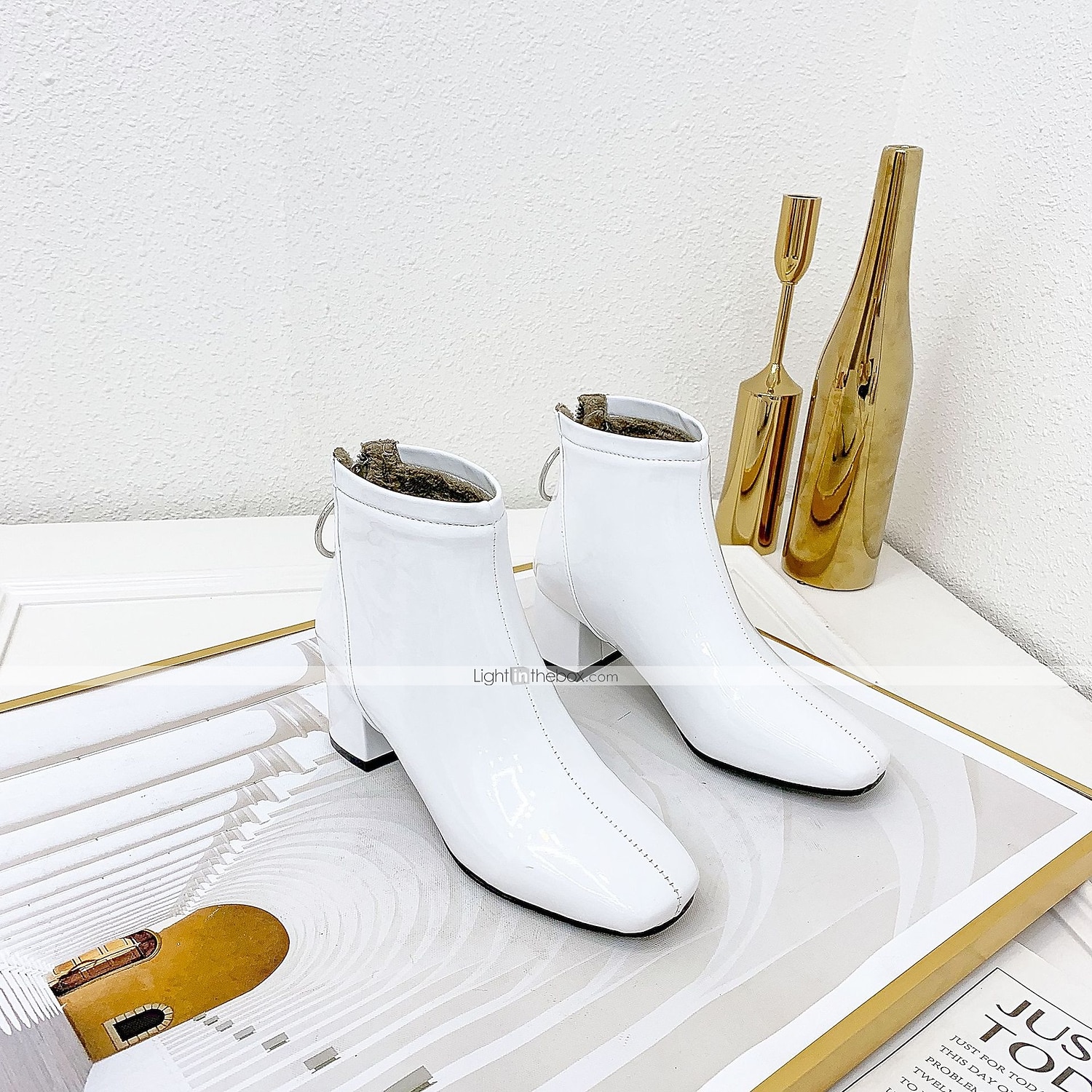 Botas femininas de couro envernizado amarelo com salto grosso e forro de lã, botas curtas da moda brilhantes para uso casual, festas e saídas à noite de 2025 por $46.99 –P3