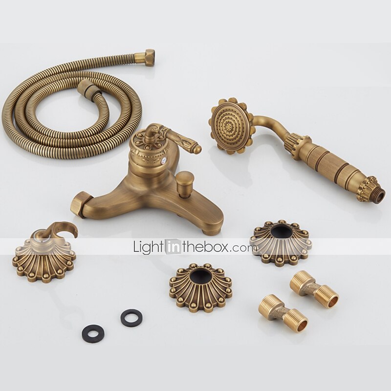 badekarkran - retro antikk messing veggmontering keramisk ventil badekar dusj blandebatterier / land / enkelthåndtak / ja / regndusj / hånddusj inkludert 2025 - $145.99 –P1