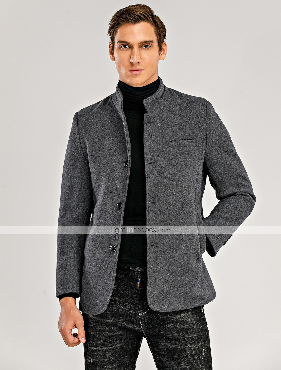 Men's Winter Coat Wool Coat Overcoat Blazer Short Coat Office Work Fall & Winter Wool Windproof Warm Outerwear Clothing Apparel Basic Chic & Modern Solid Colored Stand Collar 2025 - $74.99 –P12