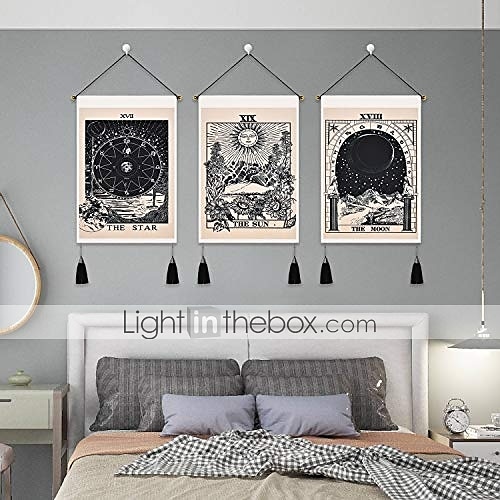 Boho-Packung mit 3 Tarot Weissagung gewebte böhmische Wandteppiche Kunstdekor Decke Vorhang zum Aufhängen Zuhause Schlafzimmer Wohnzimmer Dekoration nordische Baumwolle Leinen Quaste Mond Sterne 2025 - $34.99 –P3