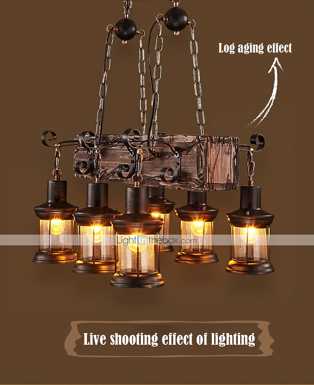 55cm LED Long Retro Strip Wooden Chandelier With Glass Shade Rope 6 Heads Pendant Light Warm White Lights Decorative Lighting Fixture Retro Rustic Antique Ceiling Lamp AC110V AC220V 2025 - $449.99 –P3