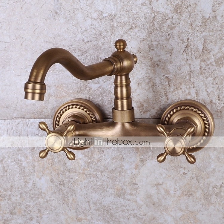 Art Deco Antique Brass Sprinkle Sink Faucets,  Wall Mount Two Handles Two Holes Kitchen Faucet with Hot and Cold Water Switch 2025 - $97.99 –P6