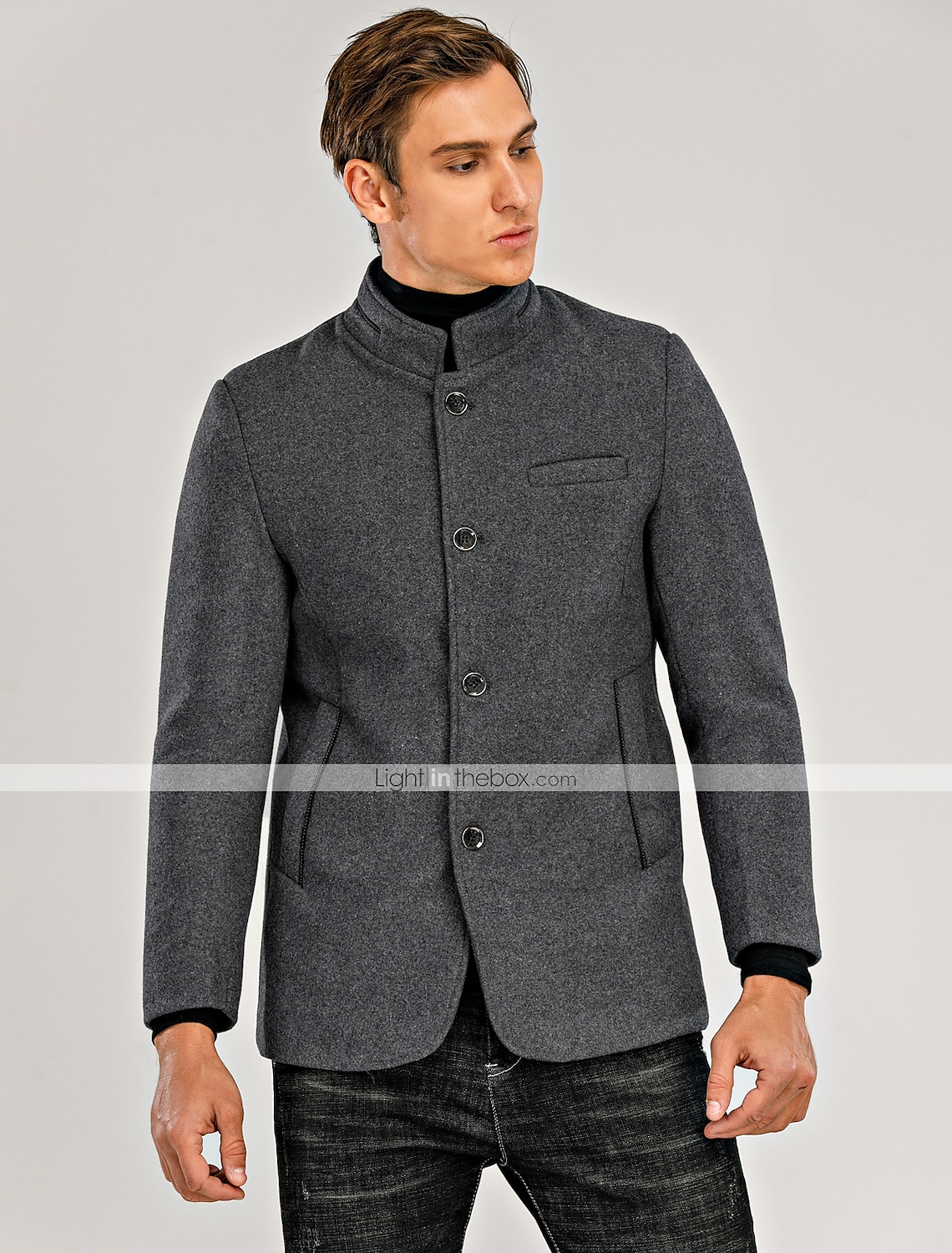 Men's Winter Coat Wool Coat Overcoat Blazer Short Coat Office Work Fall & Winter Wool Windproof Warm Outerwear Clothing Apparel Basic Chic & Modern Solid Colored Stand Collar 2025 - $74.99 –P9
