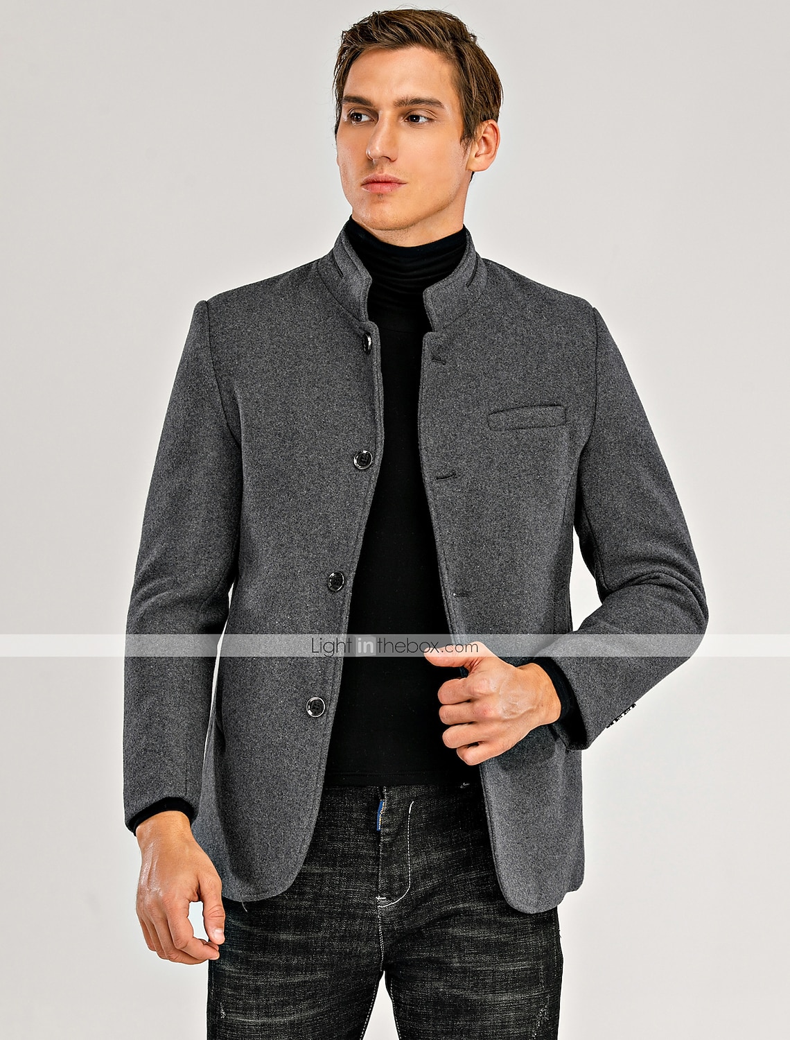 Men's Winter Coat Wool Coat Overcoat Blazer Short Coat Office Work Fall & Winter Wool Windproof Warm Outerwear Clothing Apparel Basic Chic & Modern Solid Colored Stand Collar 2025 - $74.99 –P4